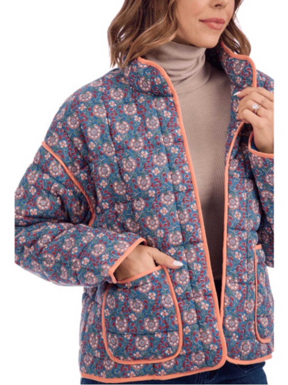 Mud Pie CHER QUILTED JACKET Floral with Coral Trim